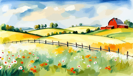 Farm scene with red barn dirt road and farm with red barn wildflowers, spring landscape. Vector illustration Farmのイラスト素材