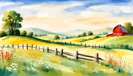 Farm scene with red barn dirt road and farm with red barn wildflowers, spring landscape. Vector illustration Farmのイラスト素材
