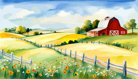 Farm scene with red barn dirt road and farm with red barn wildflowers, spring landscape. Vector illustration Farmのイラスト素材