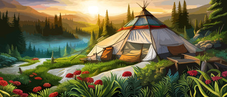 Beautiful enchanted landscape. Fantasy garden background. Magic meadow with spring blooming trees. Round frameのイラスト素材