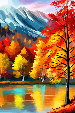 Watercolor landscape. Autumn forest on the lake shore vector illustration autumnal trees on the shore of calm forestのイラスト素材