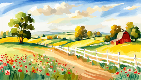 Farm scene with red barn dirt road and farm with red barn wildflowers, spring landscape. Vector illustration Farmのイラスト素材