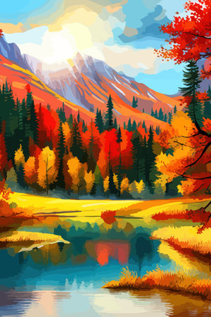 Watercolor landscape. Autumn forest on the lake shore vector illustration autumnal trees on the shore of calm forestのイラスト素材