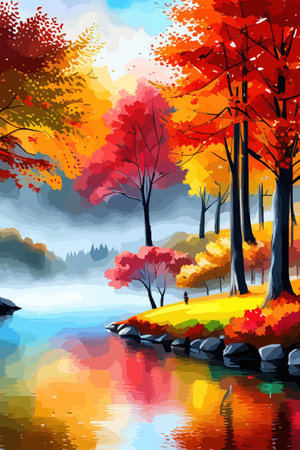 Watercolor landscape. Autumn forest on the lake shore vector illustration autumnal trees on the shore of calm forestのイラスト素材