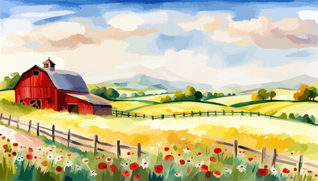 Farm scene with red barn dirt road and farm with red barn wildflowers, spring landscape. Vector illustration Farmのイラスト素材