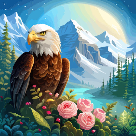 Stunning illustration of an eagle with a floral ornament. Multicolored surreal elements. close-up vector illustration.のイラスト素材
