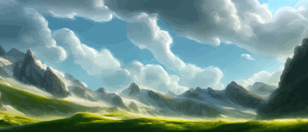 Flat natural view of green plants, flowers and mountains. Spring landscape. Spring landscape in green field colorfulのイラスト素材