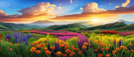 Beautiful enchanted landscape. Fantasy garden background. Magic meadow with spring blooming trees. Round frameのイラスト素材