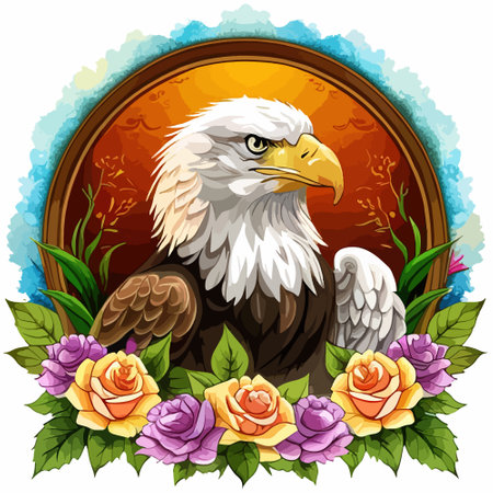 Stunning illustration of an eagle with a floral ornament. Multicolored surreal elements. close-up vector illustration.のイラスト素材