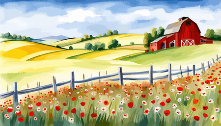 Farm scene with red barn dirt road and farm with red barn wildflowers, spring landscape. Vector illustration Farmのイラスト素材