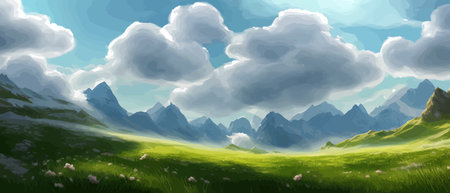 Flat natural view of green plants, flowers and mountains. Spring landscape. Spring landscape in green field colorfulのイラスト素材