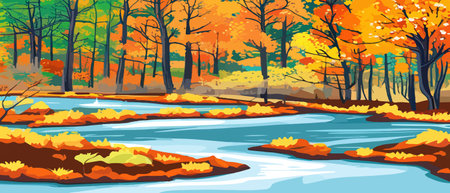 Autumn landscape with trees, mountains, fields, leaves. Rural landscape. Autumn background. Vector illustrationのイラスト素材