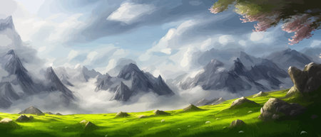 Flat natural view of green plants, flowers and mountains. Spring landscape. Spring landscape in green field colorfulのイラスト素材