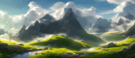 Flat natural view of green plants, flowers and mountains. Spring landscape. Spring landscape in green field colorfulのイラスト素材