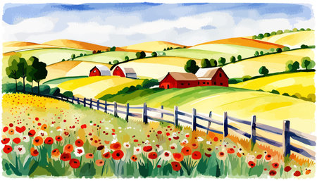 Farm scene with red barn dirt road and farm with red barn wildflowers, spring landscape. Vector illustration Farmのイラスト素材