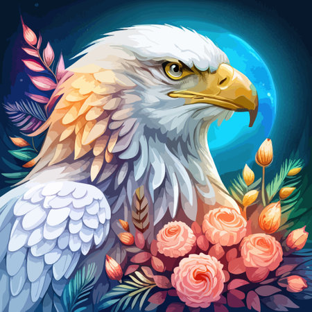 Stunning illustration of an eagle with a floral ornament. Multicolored surreal elements. close-up vector illustration.のイラスト素材