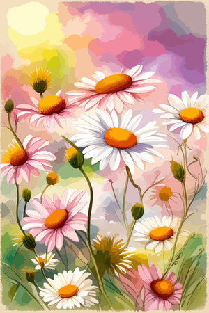 Field spring wildflowers chamomile close-up with flying butterflies, illuminated in the morning, vector illustrationのイラスト素材
