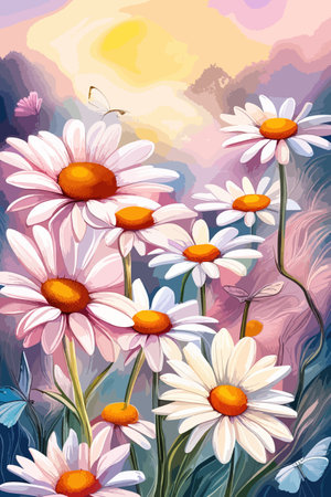 Field spring wildflowers chamomile close-up with flying butterflies, illuminated in the morning, vector illustrationのイラスト素材