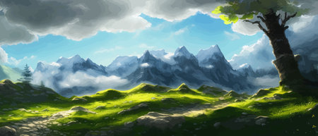 Flat natural view of green plants, flowers and mountains. Spring landscape. Spring landscape in green field colorfulのイラスト素材