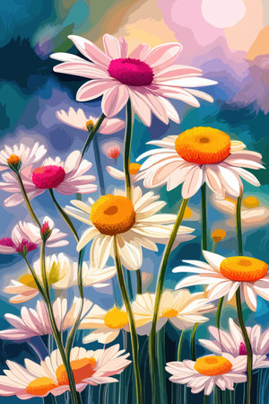 Field spring wildflowers chamomile close-up with flying butterflies, illuminated in the morning, vector illustrationのイラスト素材