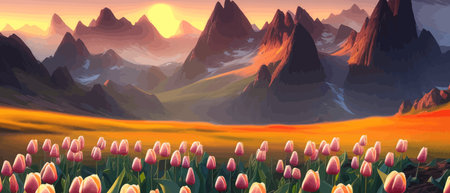 Field of tulips against the backdrop of mountains. Spring banner vector illustration. huge field of colorful tulips.のイラスト素材