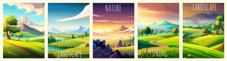 Nature and landscape. Vector illustration of trees, forest, mountains, plants, green spring meadows.のイラスト素材