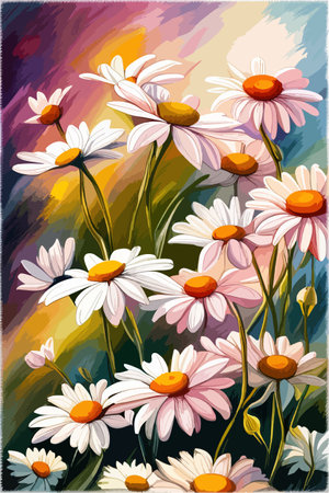 Field spring wildflowers chamomile close-up with flying butterflies, illuminated in the morning, vector illustrationのイラスト素材