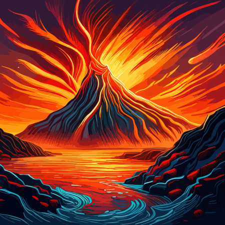 Volcano crater eruption with red-hot glowing magma, active volcanic explosion with lava, splashes, rocks, flashesのイラスト素材