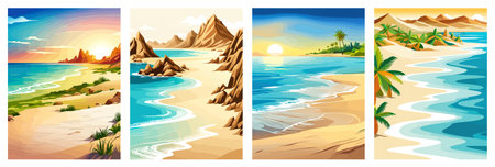Top view of the summer sea beach. Top view of the ocean beach with soft waves. Beautiful background with shellsのイラスト素材