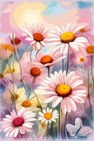 Field spring wildflowers chamomile close-up with flying butterflies, illuminated in the morning, vector illustrationのイラスト素材