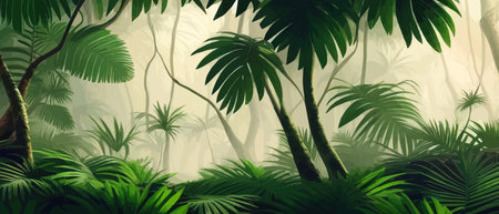 Tropical vintage botanical landscape, palm tree, vegetable flower border background. Exotic green jungle backgroundのイラスト素材