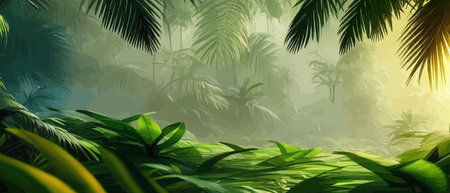 Tropical vintage botanical landscape, palm tree, vegetable flower border background. Exotic green jungle backgroundのイラスト素材