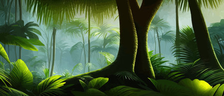 Tropical vintage botanical landscape, palm tree, vegetable flower border background. Exotic green jungle backgroundのイラスト素材