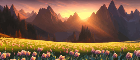 Field of tulips against the backdrop of mountains. Spring banner vector illustration. huge field of colorful tulips.のイラスト素材