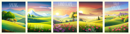 Nature and landscape. Vector illustration of trees, forest, mountains, plants, green spring meadows.のイラスト素材