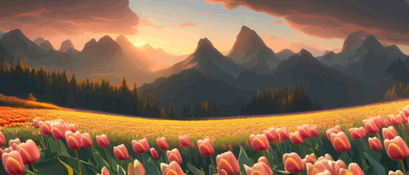 Field of tulips against the backdrop of mountains. Spring banner vector illustration. huge field of colorful tulips.のイラスト素材