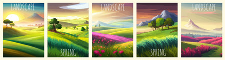 Nature and landscape. Vector illustration of trees, forest, mountains, plants, green spring meadows.のイラスト素材
