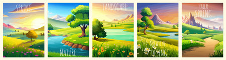 Nature and landscape. Vector illustration of trees, forest, mountains, plants, green spring meadows.のイラスト素材
