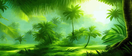 Tropical vintage botanical landscape, palm tree, vegetable flower border background. Exotic green jungle backgroundのイラスト素材