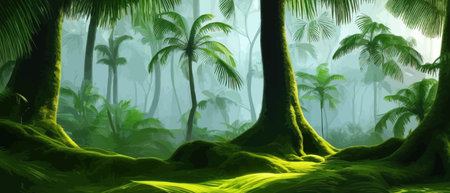 Tropical vintage botanical landscape, palm tree, vegetable flower border background. Exotic green jungle backgroundのイラスト素材