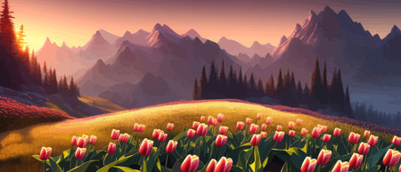 Field of tulips against the backdrop of mountains. Spring banner vector illustration. huge field of colorful tulips.のイラスト素材