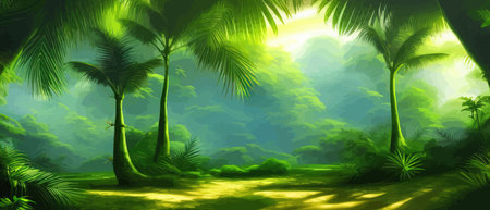 Tropical vintage botanical landscape, palm tree, vegetable flower border background. Exotic green jungle backgroundのイラスト素材