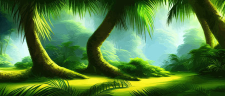 Tropical vintage botanical landscape, palm tree, vegetable flower border background. Exotic green jungle backgroundのイラスト素材