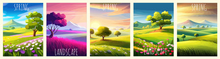 Nature and landscape. Vector illustration of trees, forest, mountains, plants, green spring meadows.のイラスト素材