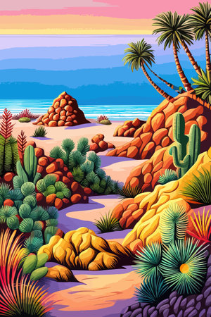 Cactus garden with a variety of succulents, cacti and other desert plants, with a blooming desert roseのイラスト素材