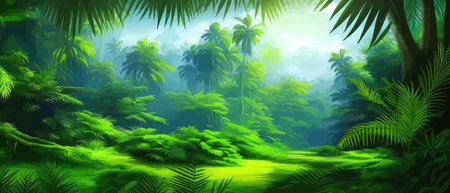 Tropical vintage botanical landscape, palm tree, vegetable flower border background. Exotic green jungle backgroundのイラスト素材