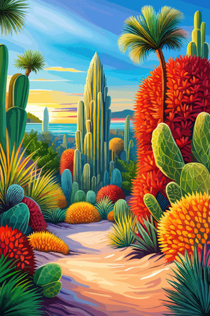 Cactus garden with a variety of succulents, cacti and other desert plants, with a blooming desert roseのイラスト素材