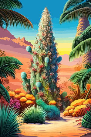 Cactus garden with a variety of succulents, cacti and other desert plants, with a blooming desert roseのイラスト素材