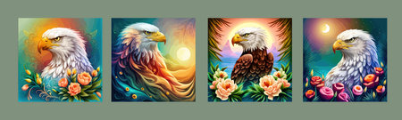 Stunning illustration of an eagle with a floral ornament. Multicolored surreal elements. close-up vector illustration.のイラスト素材
