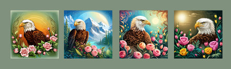 Stunning illustration of an eagle with a floral ornament. Multicolored surreal elements. close-up vector illustration.のイラスト素材